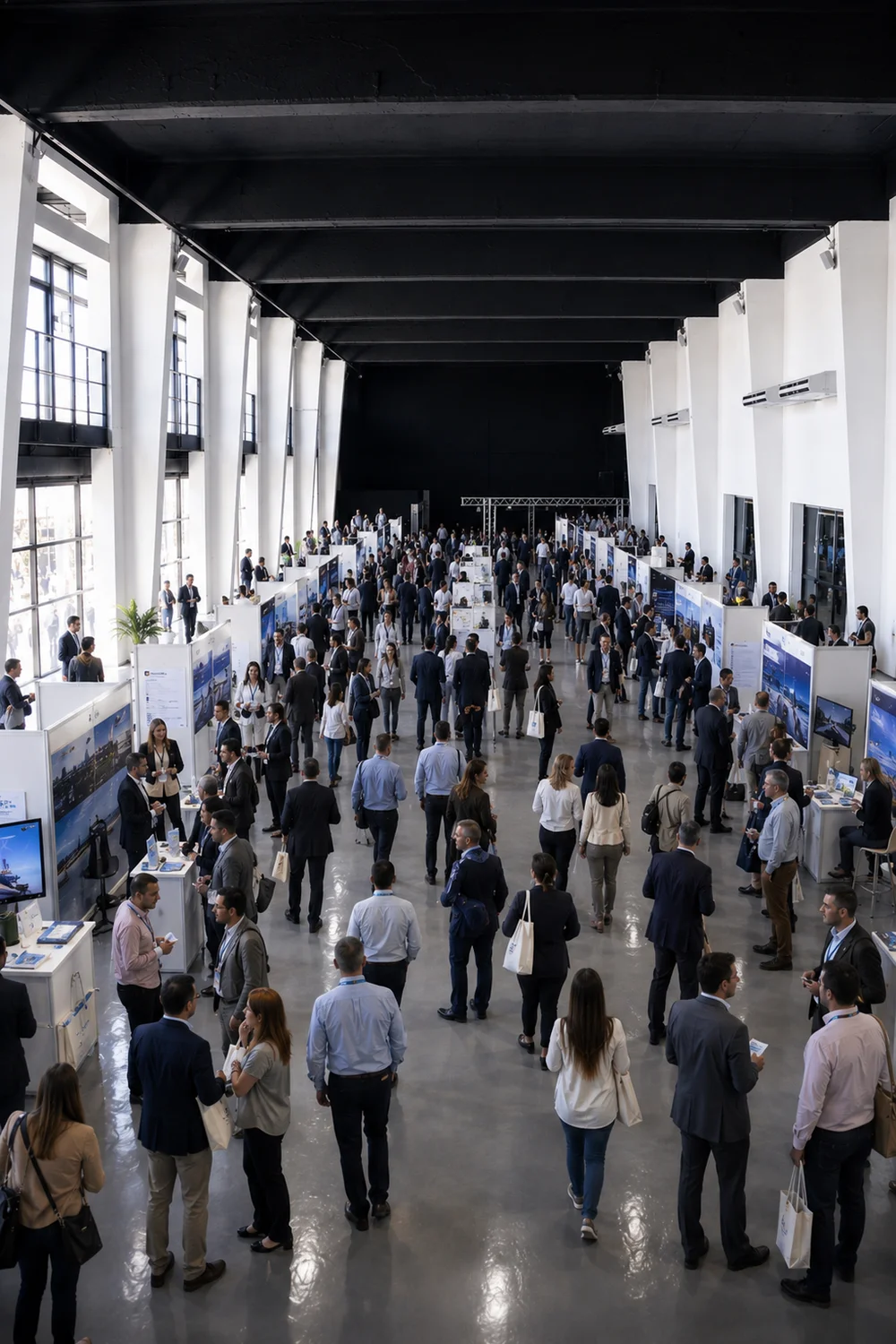 Salón Embarcadero montado para una recepción, con mesas redondas y estructura industrial a la vista